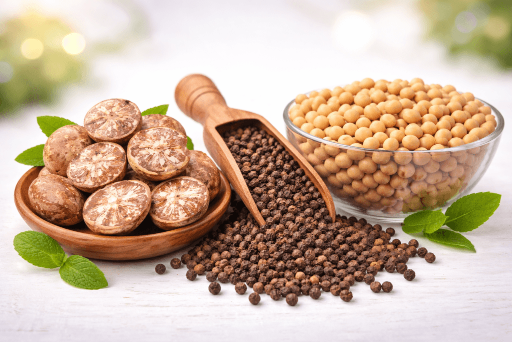 Various spices in bowls and scoop